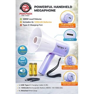 PickPack 300W Handheld Megaphone with Rechargeable Battery Type-C Charging Loud Speaker Bullhorn with Mic Portable PA System for Events, Announcements