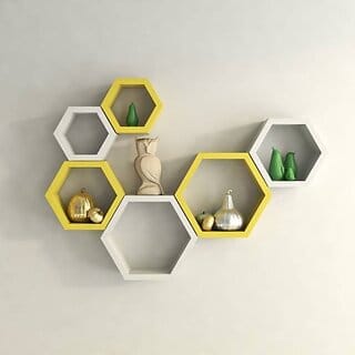 Onlinecraft Office Wall Decor Wooden Wall Shelf (Number Of Shelves - 6, Yellow, White, Multicolor)