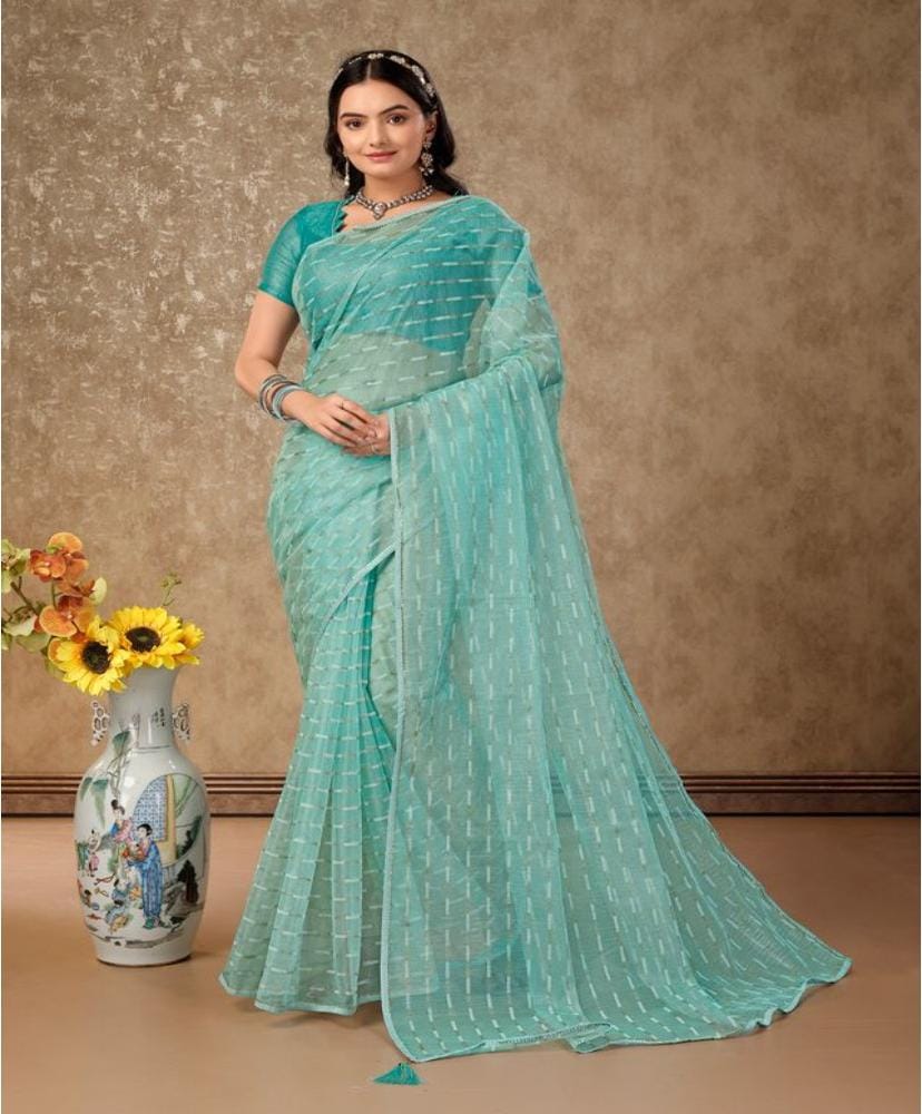 Women's Linen Line Saree with Unstitched Blouse (Turquies Green, 5-6 Mtrs)