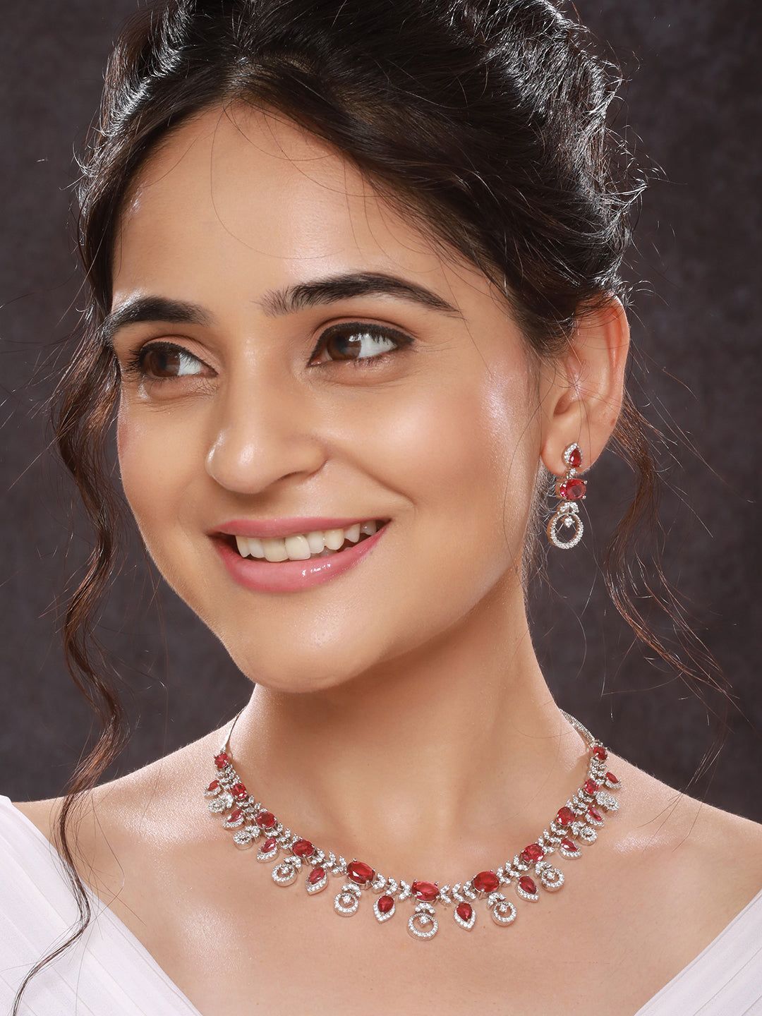 White Rhodium Red Ruby Studded Leaf Design Statement Jewellery Set