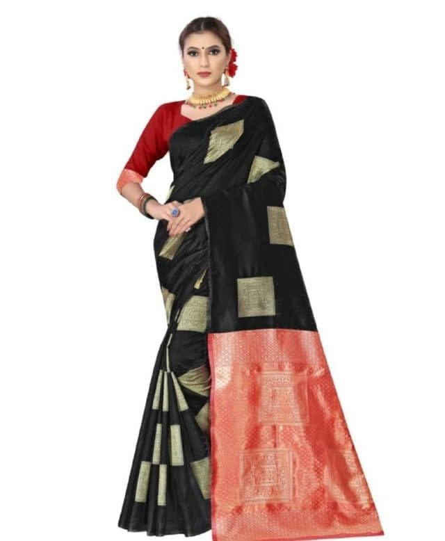 Women's Soft Lichi Silk Printed Saree With Unstitched Blouse 5.5Mtr (Black)-PID63558