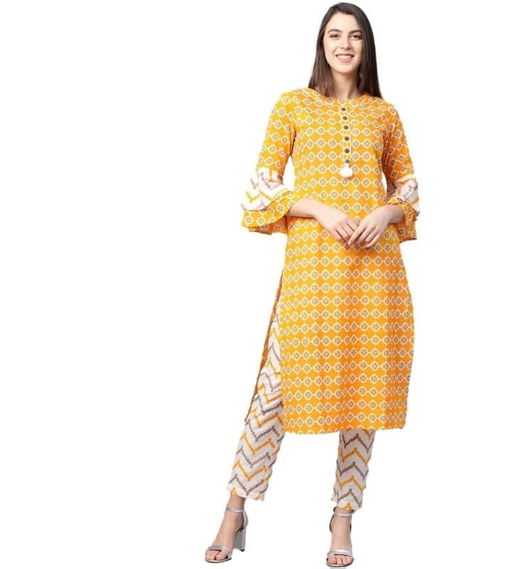 Women's Casual 3/4 th Sleeve Floral Printed Cotton Kurti Set (Mustard, M)-PID48569