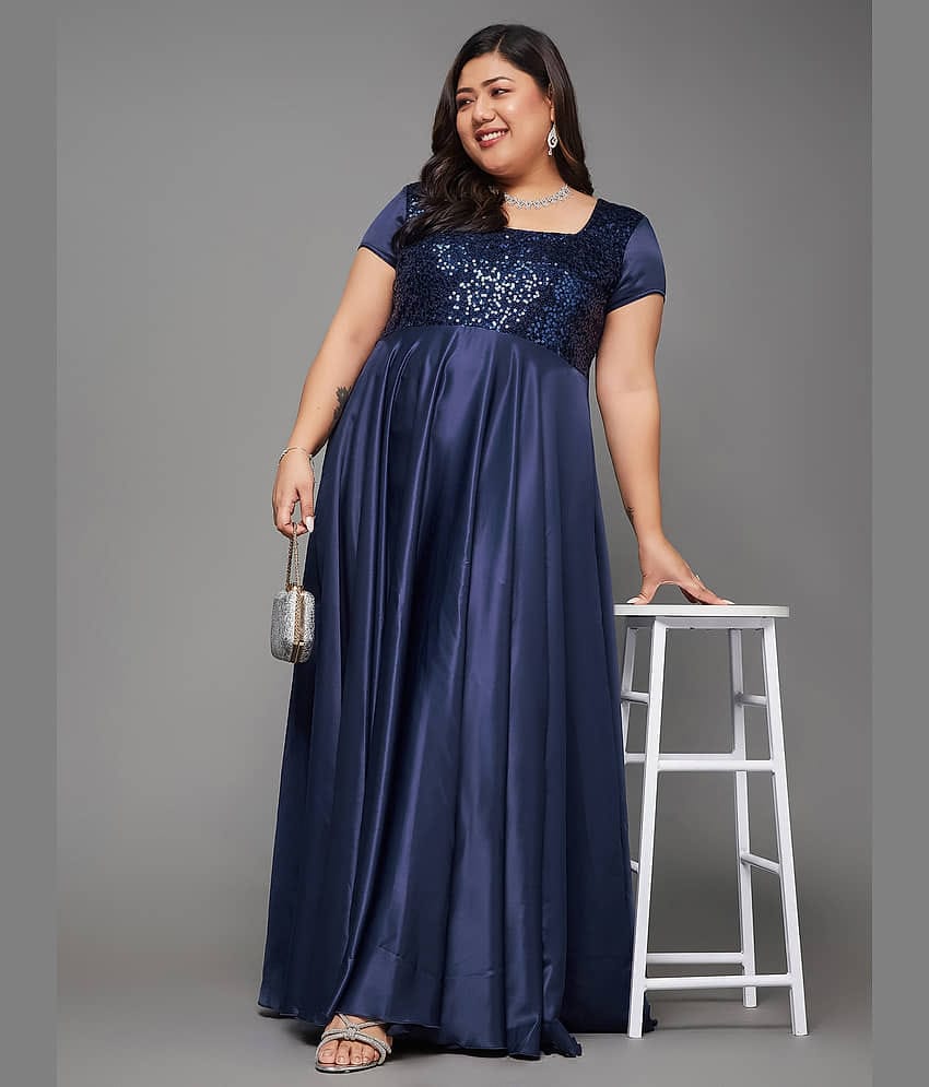 Miss Chase A+ Women Polyester Embellished Fit & Flare Dress ( Navy )