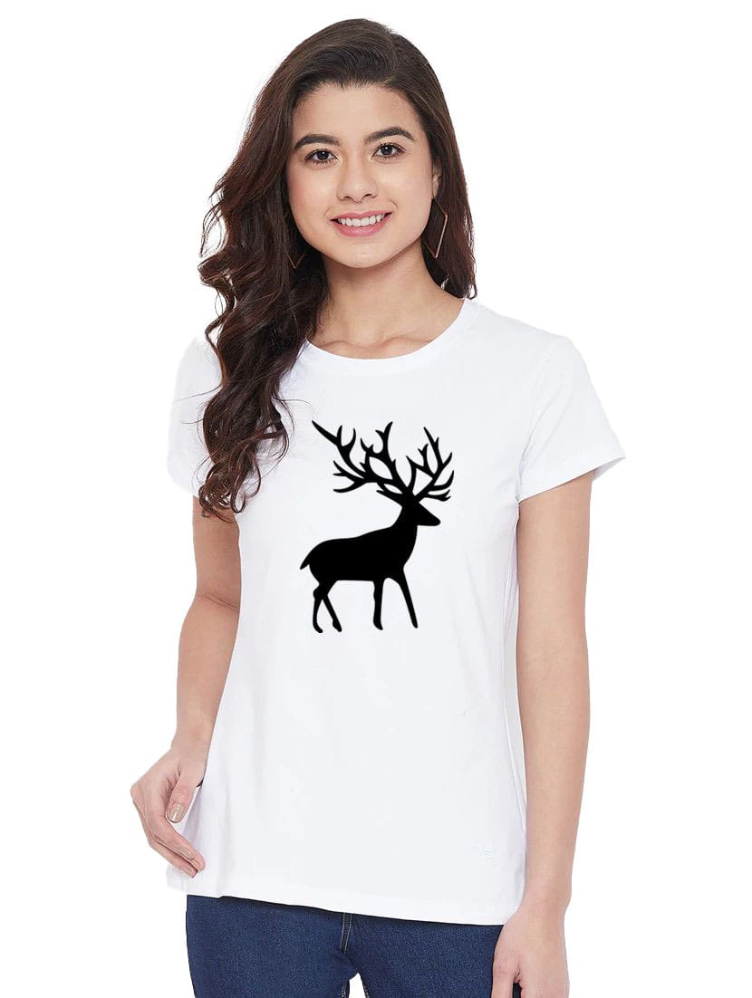 Women's Cotton Blend Deer Printed T-Shirt L (White)