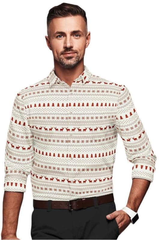 Men's Cotton Blended Printed Full Sleeve Shirt (White-Red, M)-PID53455