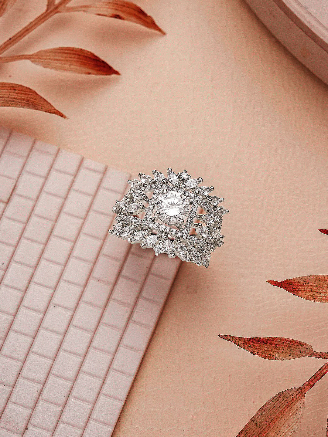 Silver Toned AD Zircon Studded Engagement Solitaire Adjustable Finger Ring