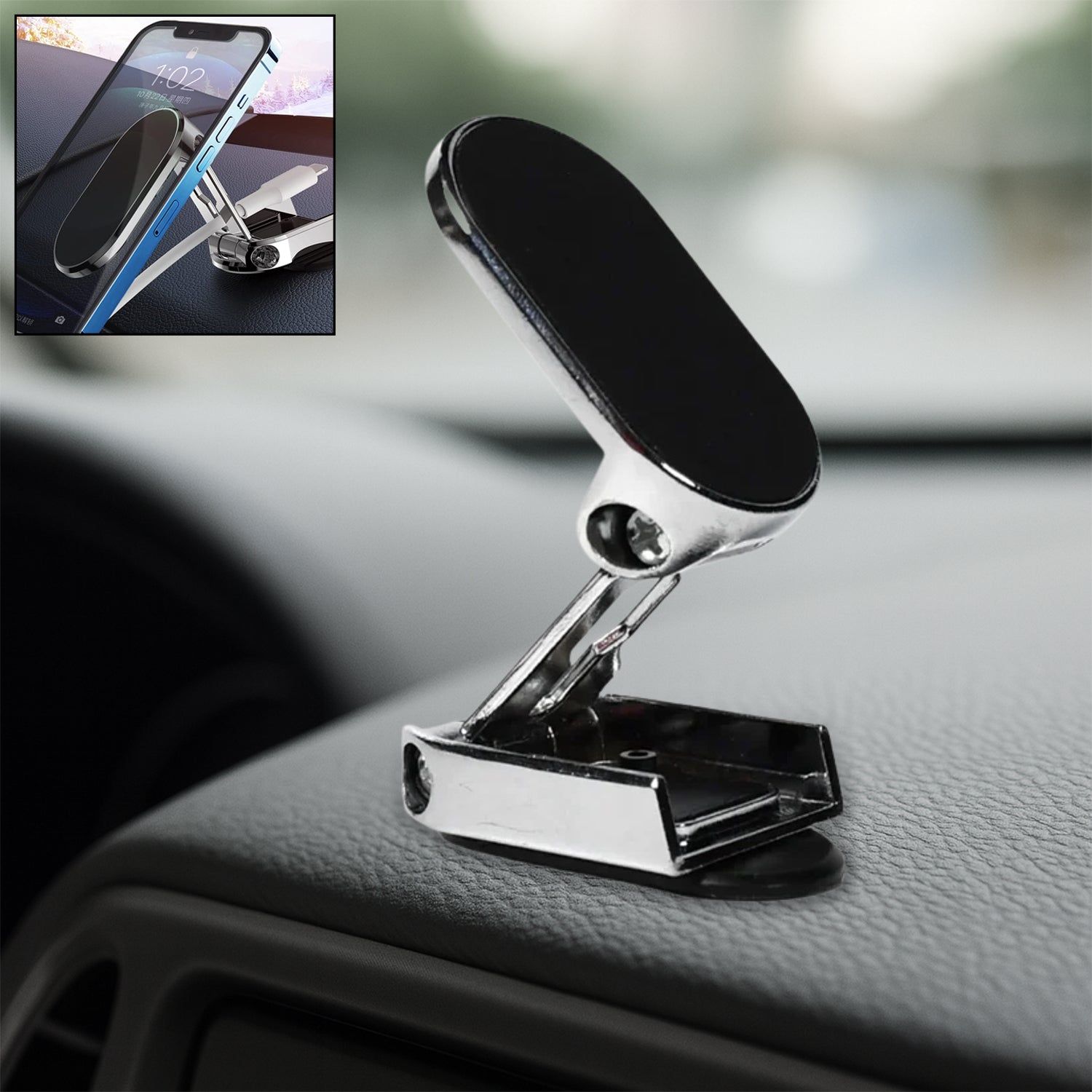 360° Rotating Magnetic Car Phone Holder in Metal (1 Pc, Folding)