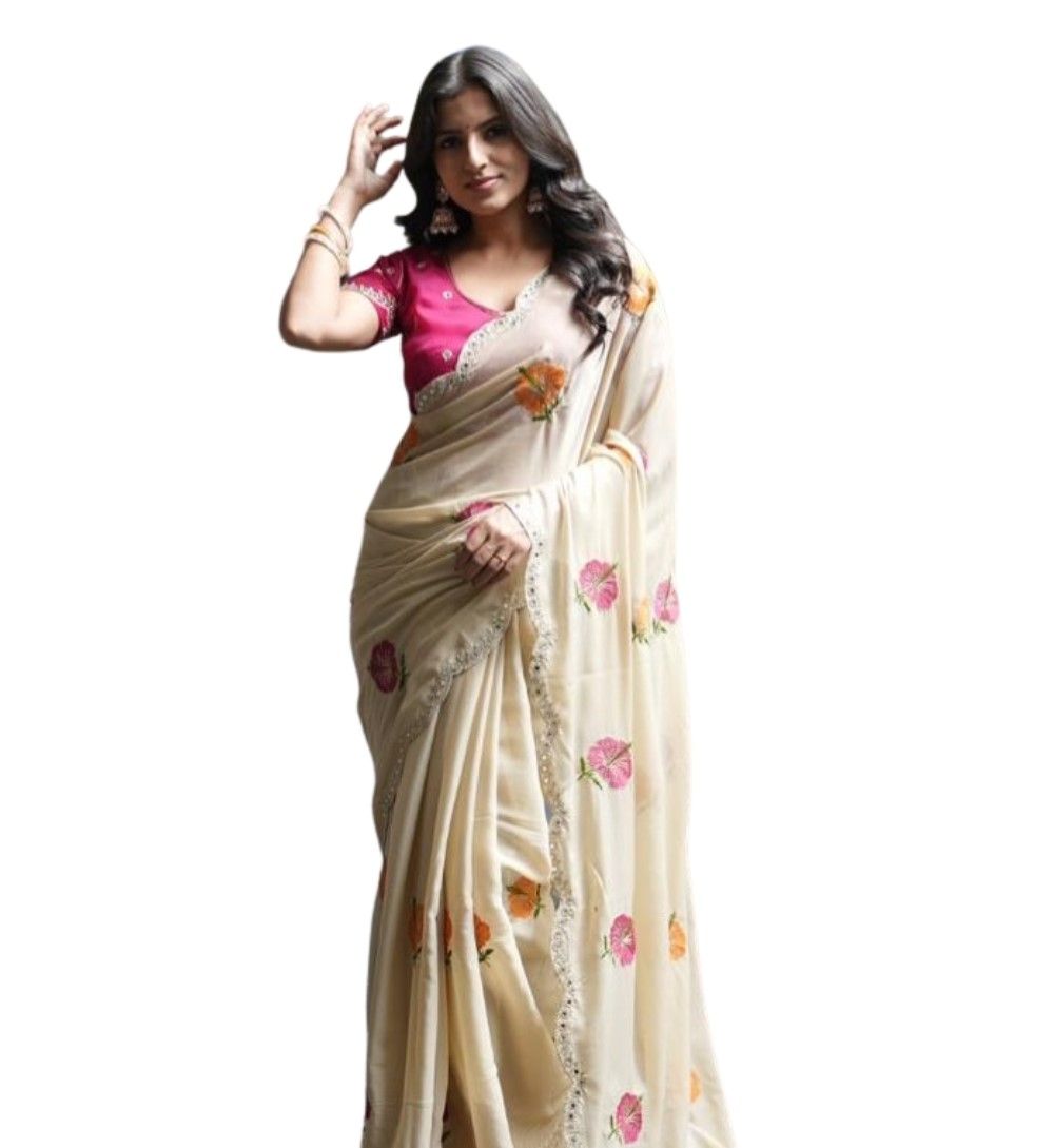 GENERIC Women's Georgette Embellished Saree With Unstitched Blouse 5.5Mtr (Cream-Pink)-PID67448