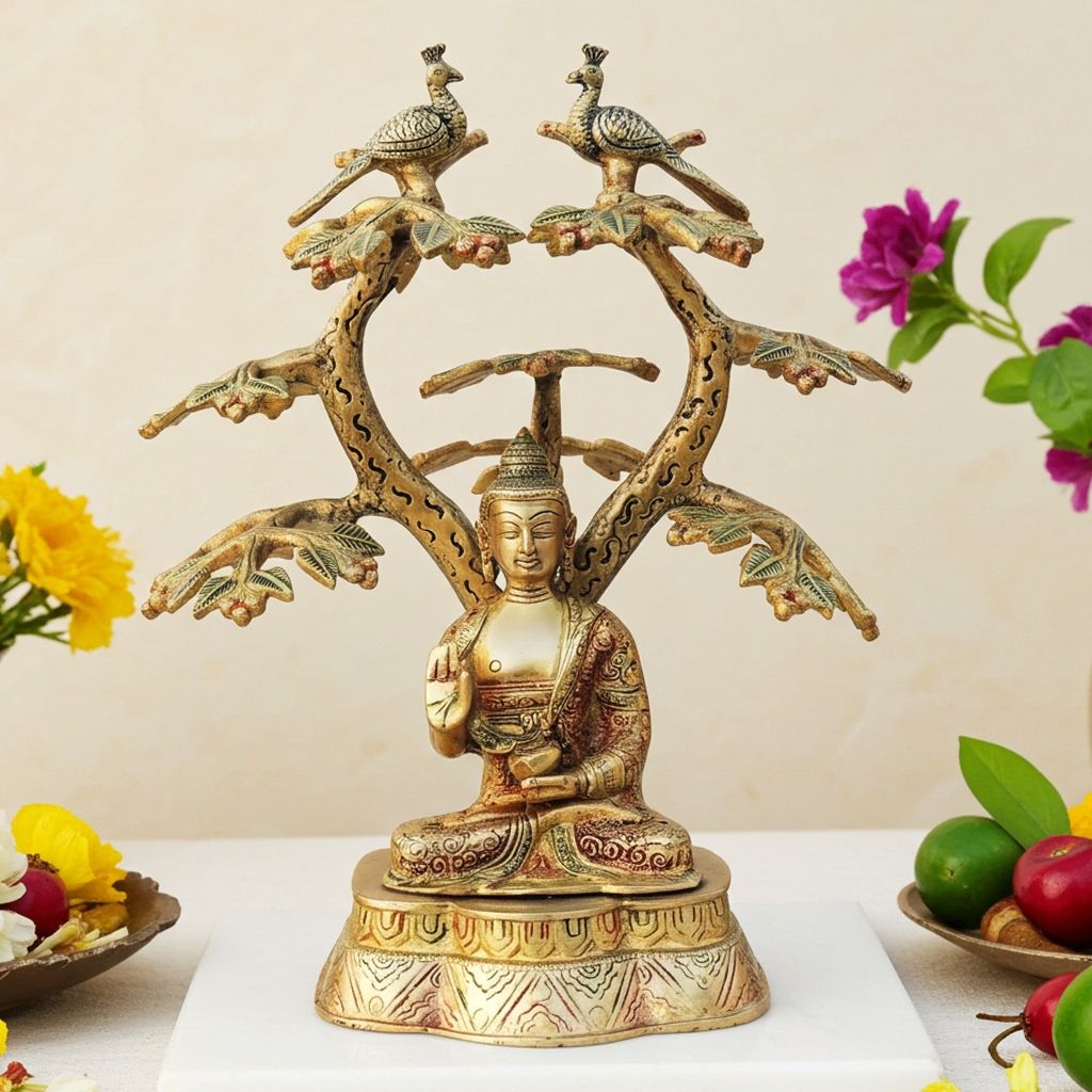 Brass Buddha Under Tree Idol - Spiritual Meditation Showpiece, Height : 12.5 Inch (BSMAS1544 D)