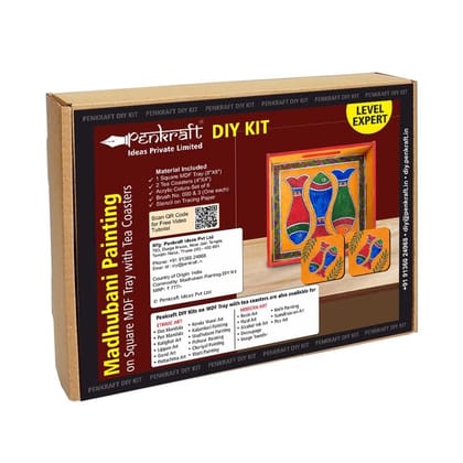 Penkraft Madhubani Painting on Square Tray with Square Tea Coasters DIY Kit | Free Video Tutorial Penkraft Madhubani Painting on Square Tray with Square Tea Coasters DIY Kit | Free Video Tutorial