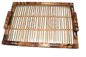 Bamboo Serving Tray with Handles, Natural Wood, Rectangular, Slatted Design with Decorative Weave