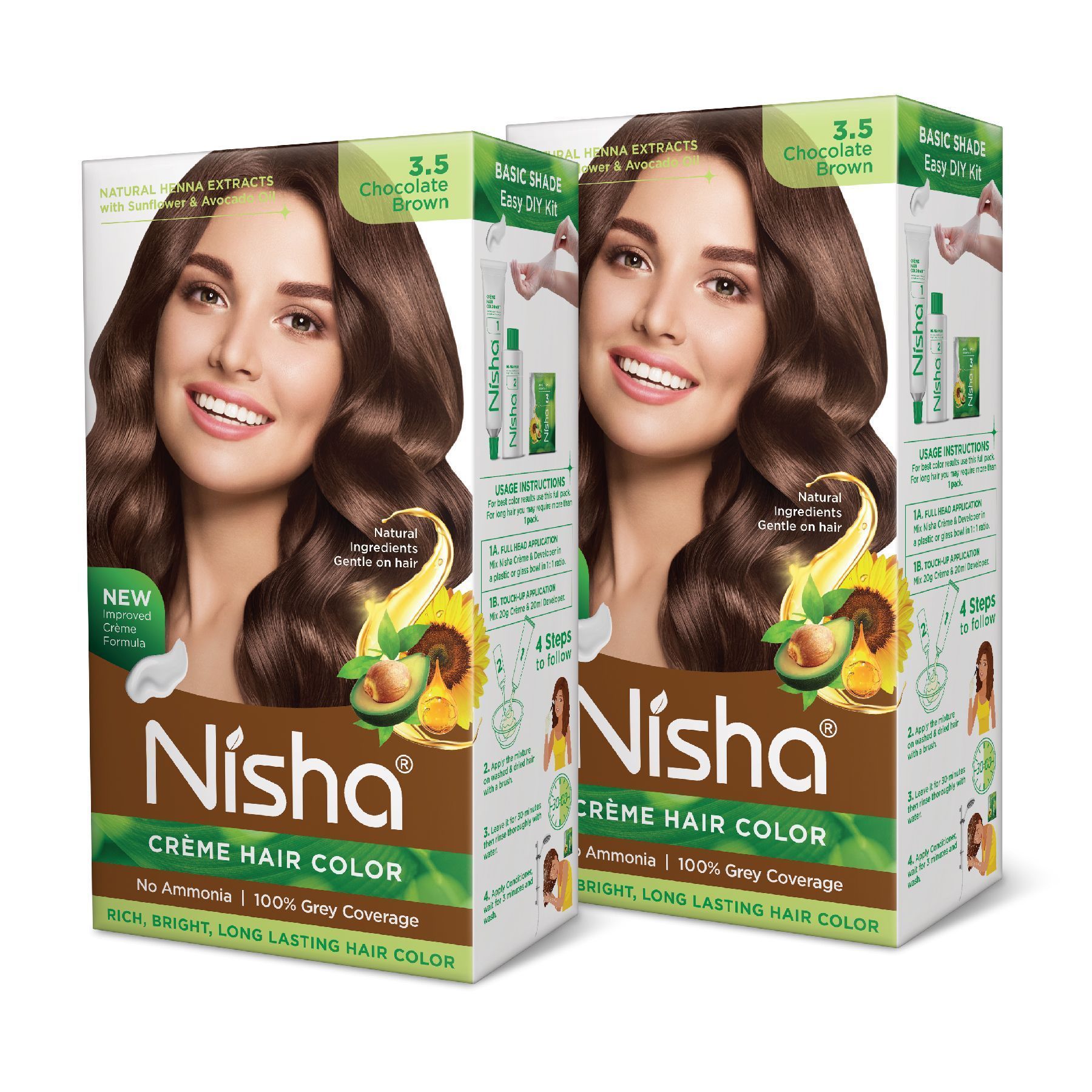 Nisha Creme Hair Color 3.5 Chocolate Brown 120g Pack of 2, Permanent Hair Colour, No Ammonia, 100% Grey Coverage