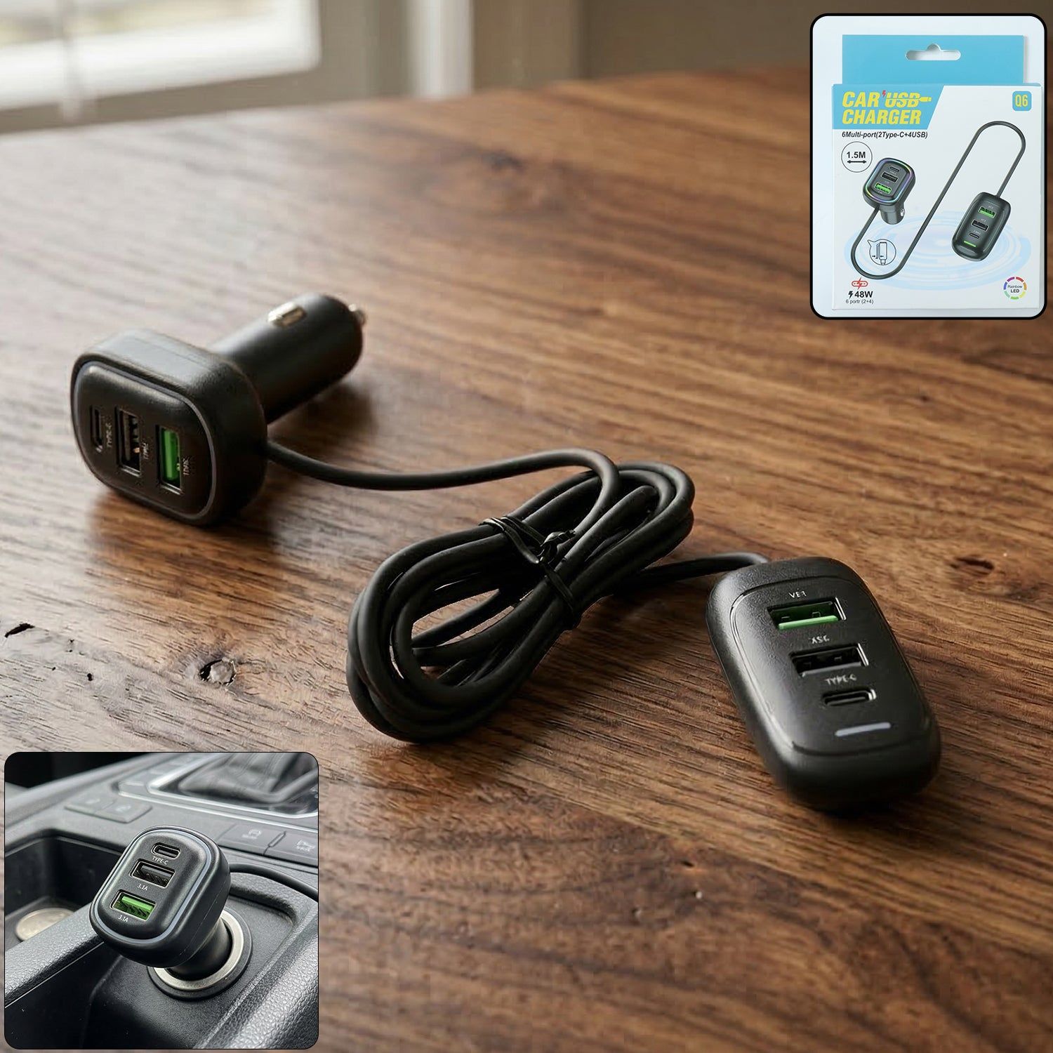 RGB Breathing Light Multi Port Car USB Charger (1 Set, 1.5M)