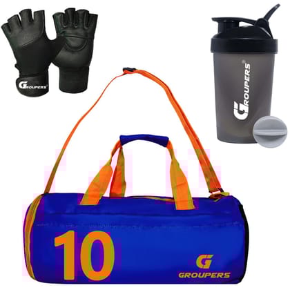 GROUPERS Combo Set of Duffle Polyester Bag with Shaker Bottle-400ml & Gloves GROUPERS Combo Set of Duffle Polyester Bag with Shaker Bottle-400ml & Gloves