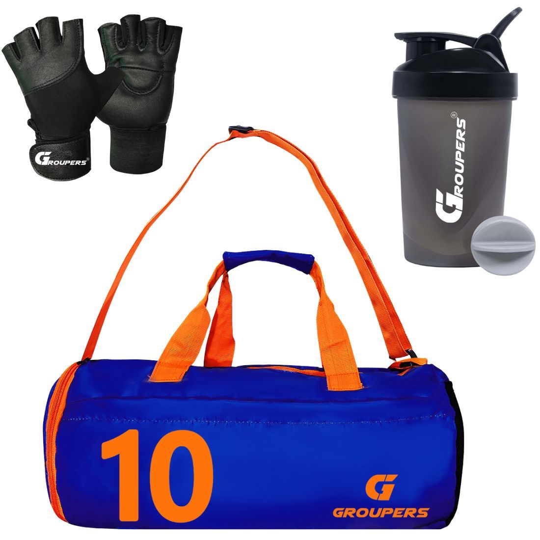 GROUPERS Combo Set of Duffle Polyester Bag with Shaker Bottle-400ml & Gloves