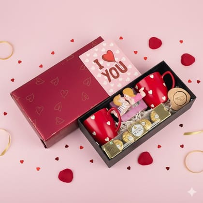 Valentine's Day Love Gift Hamper for Him & Her with Heart Mugs & Ferrero