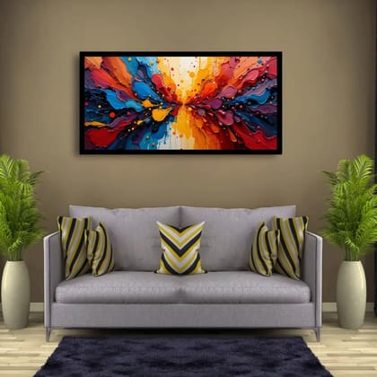 Luminary Vivid Symphony–Textured Burst Museum-Quality Cotton Canvas Handprint for Living Room Décor | Frame Size (127 X 69 Cm) | Frame Type (Black) | 5-Year Warranty