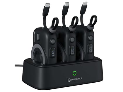 Portronics Power Shutter Home 15W Wireless Output, 22.5W Wired Output, In Built Type C Cable, LED Battery Display