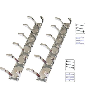 OJASS Stainless Steel & Aluminium Premium Heavy Quality - 6 PIN DUCK Cloth Hanger Bathroom Wall Door Hooks with 6 Screw and 6 Grip (Pack of 2 pcs) DHS06SS2L