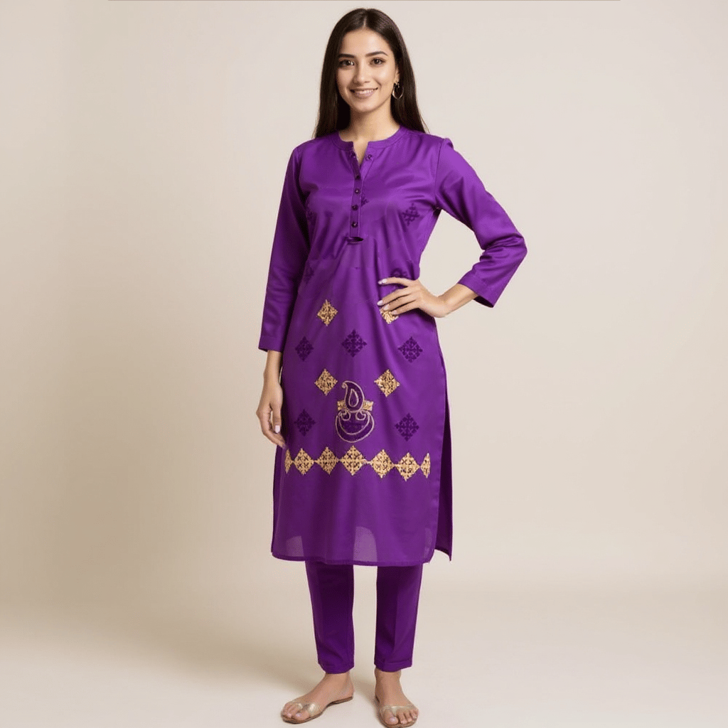 Hand-Embroidered Purple Kurti Fabric | 2.5 Metres