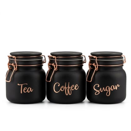 Tea Coffee Sugar Jar Set 900 ml Airtight Glass Storage Containers with Matte Coated Exterior & Copper Lock Latch | Rectangular Kitchen Canister Set for Tea, Coffee & Sugar (3 Pc Set) Tea Coffee Sugar Jar Set 900 ml Airtight Glass Storage Containers with 