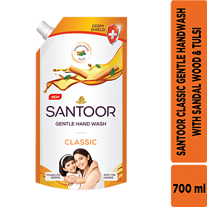 Santoor Gentle Handwash - Classic, with natural goodness of Sandalwood & Tulsi, 750 ml