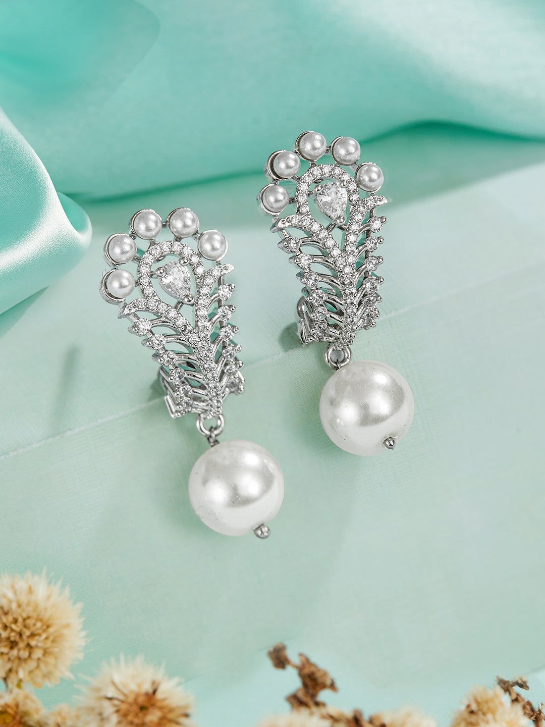 Silver Toned Pearl Beaded Minimal Studs  Bali Earrings