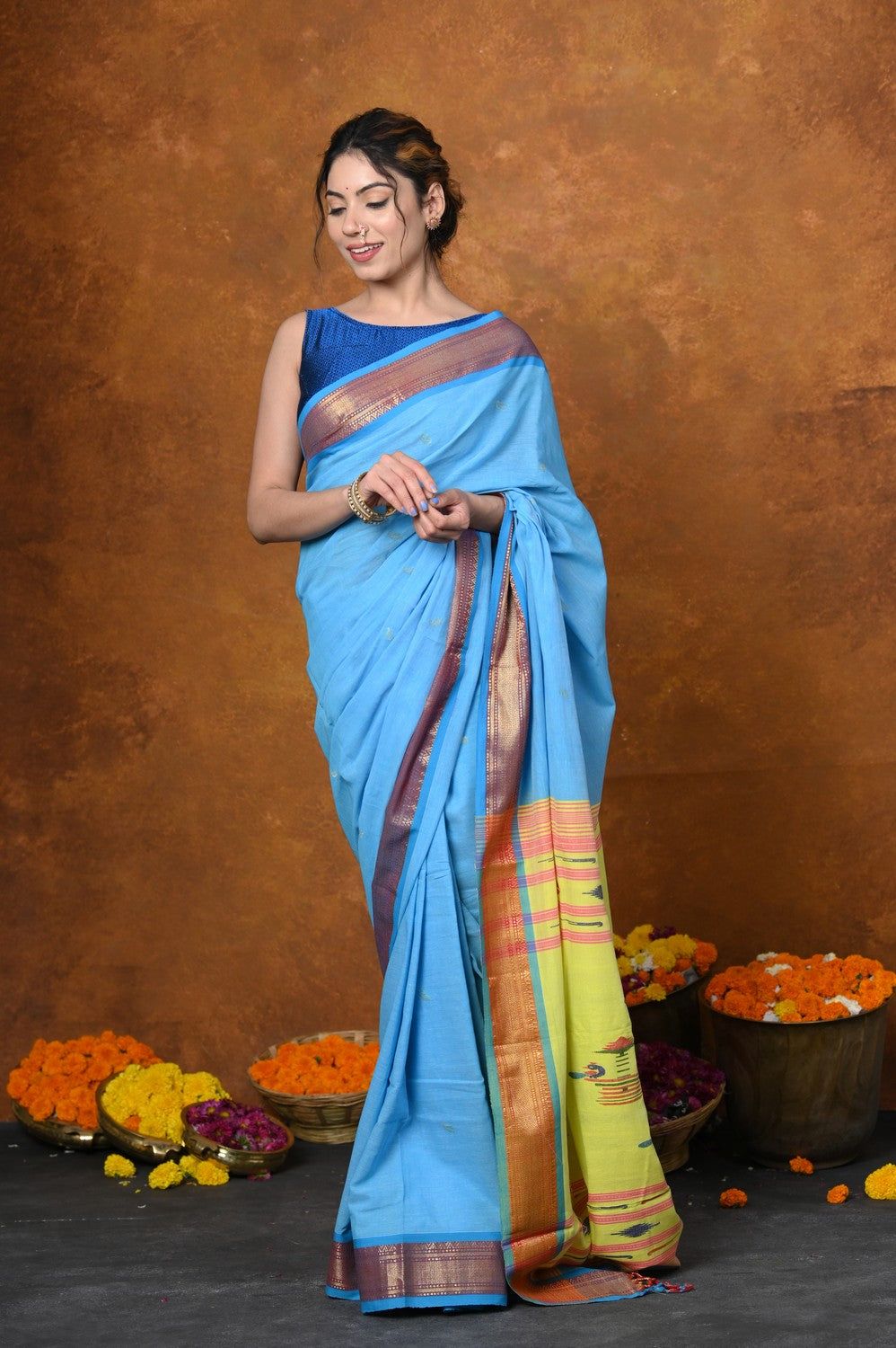 Jijamata Border Pure Cotton Paithani Saree With Traditional Double Pallu ~ Serene Blue