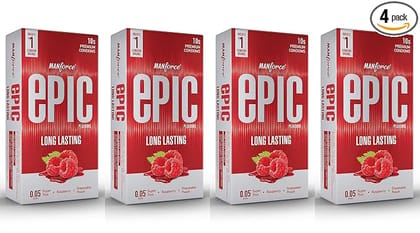 Manforce Epic Pleasure Long Lasting Premium Condoms for Men Super Thin Raspberry Flavour Disposable Pouch (10 Counts) x Pack of 4