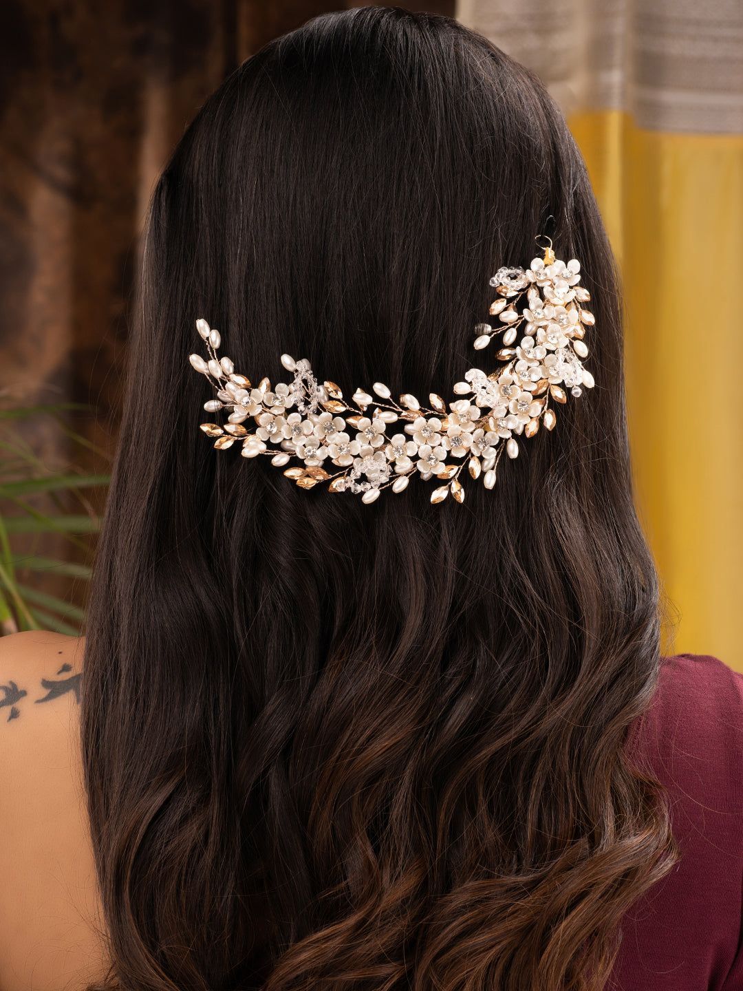 Gold Toned Off White Floral Pearl Embellished Hair Styling Tiara