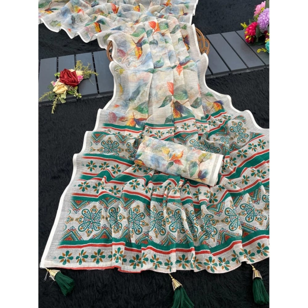 womens linen cotton printed saree with unstitched blouse 5mtr green pid63885