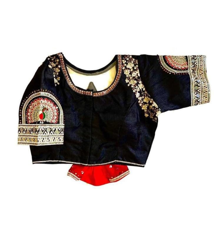 Women's Shining Silk Sequance Round Neck Short Sleeve Readymade Blouse (Navy Blue, Free Size)-PID57768