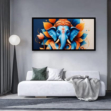 Luminary Divine Harmony – Radiant Sitting Ganesha Museum-Quality Cotton Canvas Art for Dining Spaces Décor | Frame Size (127 X 69 Cm) | Frame Type (Black) | 5-Year Warranty