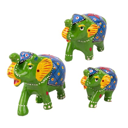 DreamKraft Paper Mache Handmade Elephant Showpiece Figurine Large(10x7.6) Medium(8.5x6.1) Small(7.3x5) CM (3 Piece, Green)