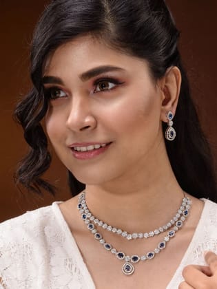 Silver Toned Blue AD studded double layer Necklace jewellery Set