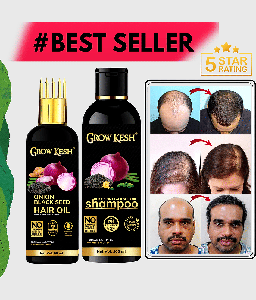 Growkesh Onion Hair Oil for Hair Regrowth and Hair Fall Control with Blackseed with Comb Applicator and Red Onion Shampoo for Anti-dundruff (Onion Hair oil,60ml + Onion Shampoo,100ml)