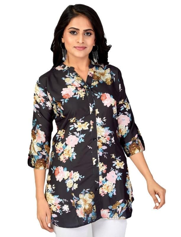 Women's Poly Crepe Mandarin Collar 3/4 Sleeves Short Top (Black, S)-PID56264