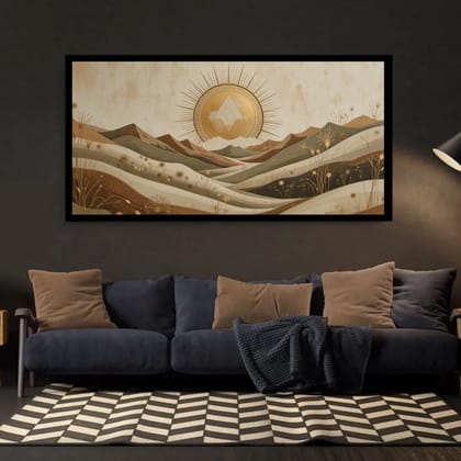 Luminary Mountain Solstice – Sacred Summit Museum-Quality Cotton Canvas Painting for Living Room Décor | Frame Size (127 X 69 Cm) | Frame Type (Black) | 5-Year Warranty