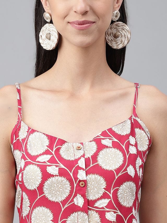 Magenta rayon botanical Printed Gathered dress