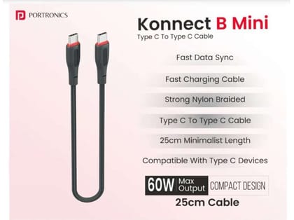 *Summer Sale* Portronics Konnect B Mini USB-C to USB-C Cable, 60W, 25cm - Black