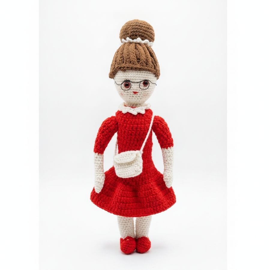 Handcrafted Crochet Girl Doll in Red Dress