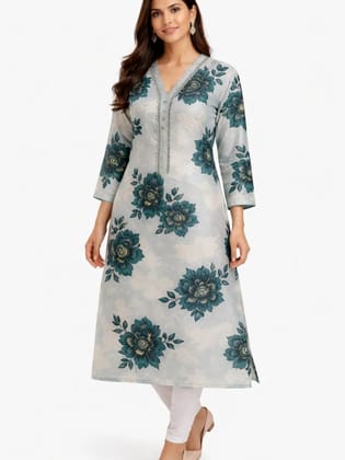 UneR Women's Rayon Floral Printed Straight Kurti | V-Neck | 3/4 Sleeves | Casual & Ethnic Wear