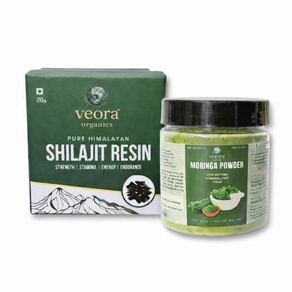 Veora Organics Shilajit Resin & Moringa Powder Combo | Pure Himalayan Shilajit (20g) with Natural Moringa Powder (200g) | Ayurvedic Energy, Strength & Stamina Support | Nutrient-Rich Herbal Superfood Combo