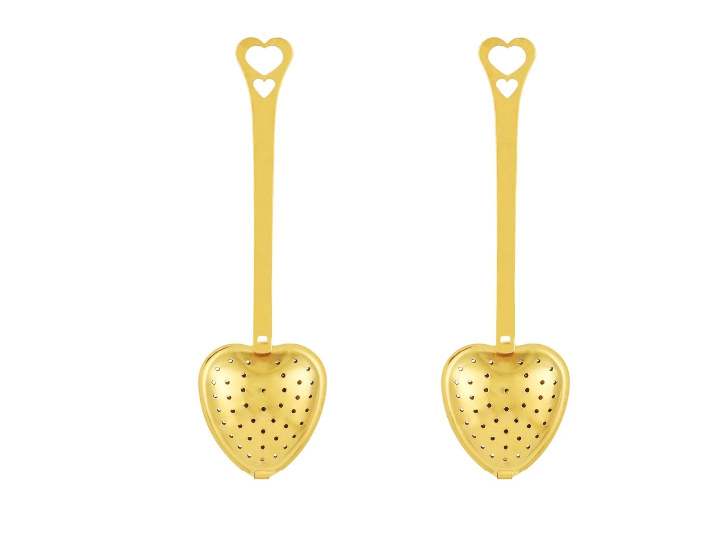Naturally Yours Heart Shaped Golden Tea Infuser with Handle | 410 Stainless Steel Tea Strainer for Loose Leaf Tea (14.3 x 4.3 cm) - Set of 2