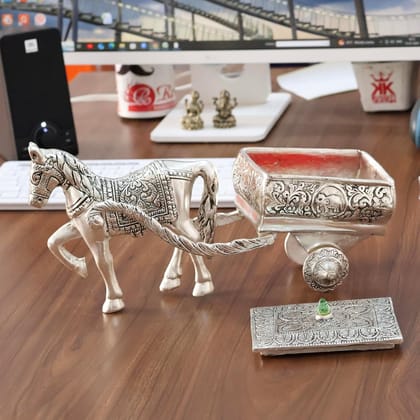 Dreamkraft Silver Plated Metal Horse Cart Showpiece | Aluminium Murti Figurine for Home Decor, Office Table, Mandir, Car Dashboard | Spiritual Gift & Religious Idol