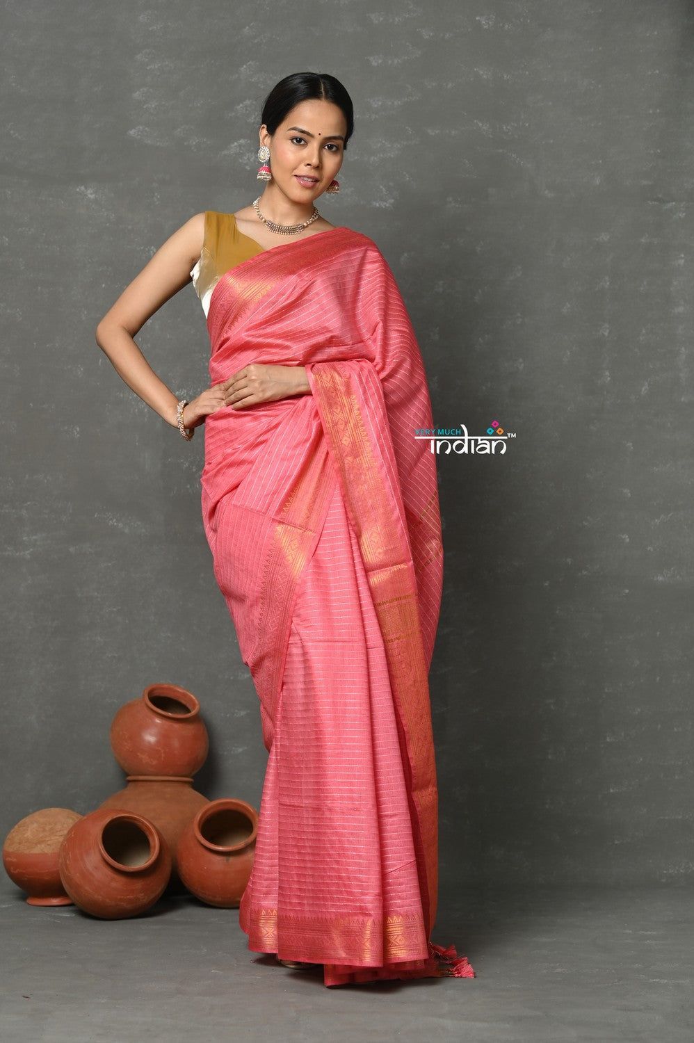 Tyohaar ~ Designer! Cotton Viscose Stripes Saree With Sleek Border - Peachy Hale
