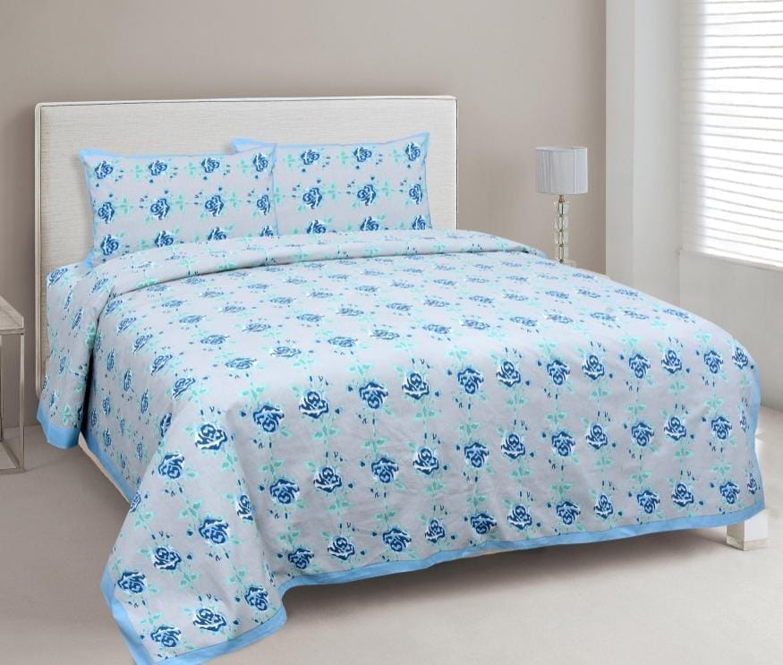 3001-Hometrade India-Standard King Size (90*108 Inches)-Pure Cotton Jaipuri Double Bedsheet With Matching Pillow Cover