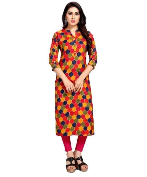 Women's Casual 3/4 Sleeve Tussar Silk Printed Kurti (Pink, 2XL)-PID46377