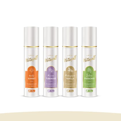 Layer�r Wottagirl Fragrance Mist Combo Pack of 4 (25ml Each) � 100% Vegan � Amalfi Sunset, Sicilian Pistachio, Madagascar Vanilla & Mexican Tuberose � Long-Lasting Fragrance Mist for Women