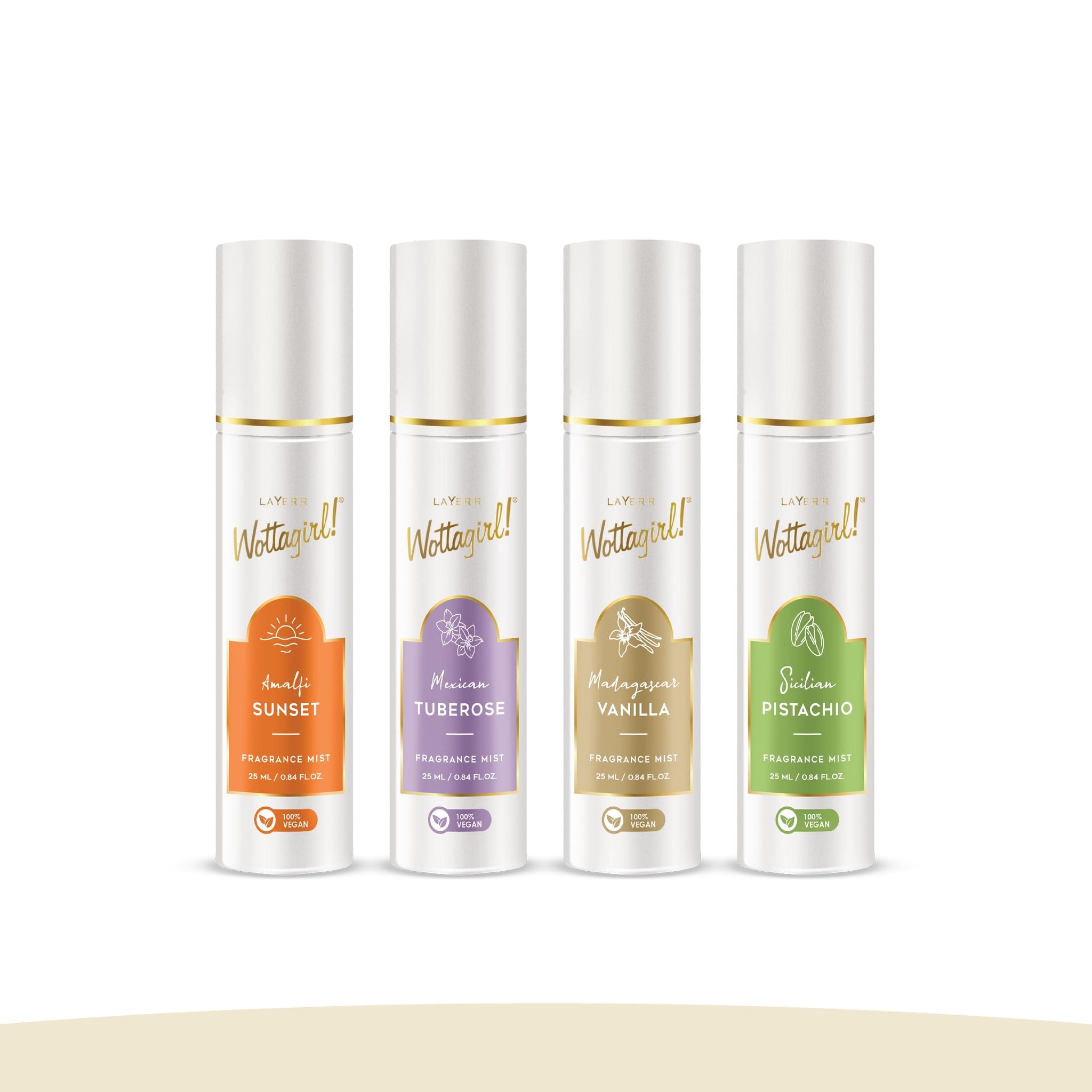 Layer�r Wottagirl Fragrance Mist Combo Pack of 4 (25ml Each) � 100% Vegan � Amalfi Sunset, Sicilian Pistachio, Madagascar Vanilla & Mexican Tuberose � Long-Lasting Fragrance Mist for Women